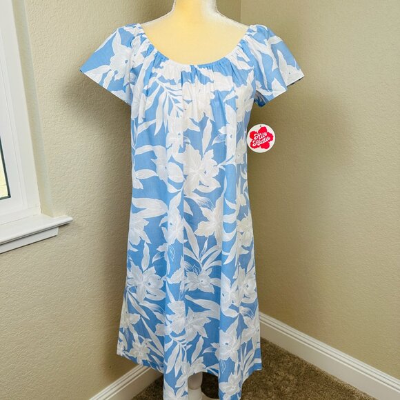 Hilo Hattie Dresses & Skirts - Hilo Hattie Muu Muu Dress Womens L Short Sleeve Blue White Floral Midi Hawaii